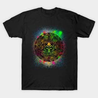 Spray Paint Aztec Calendar Skull - Graffiti Raving Design T-Shirt